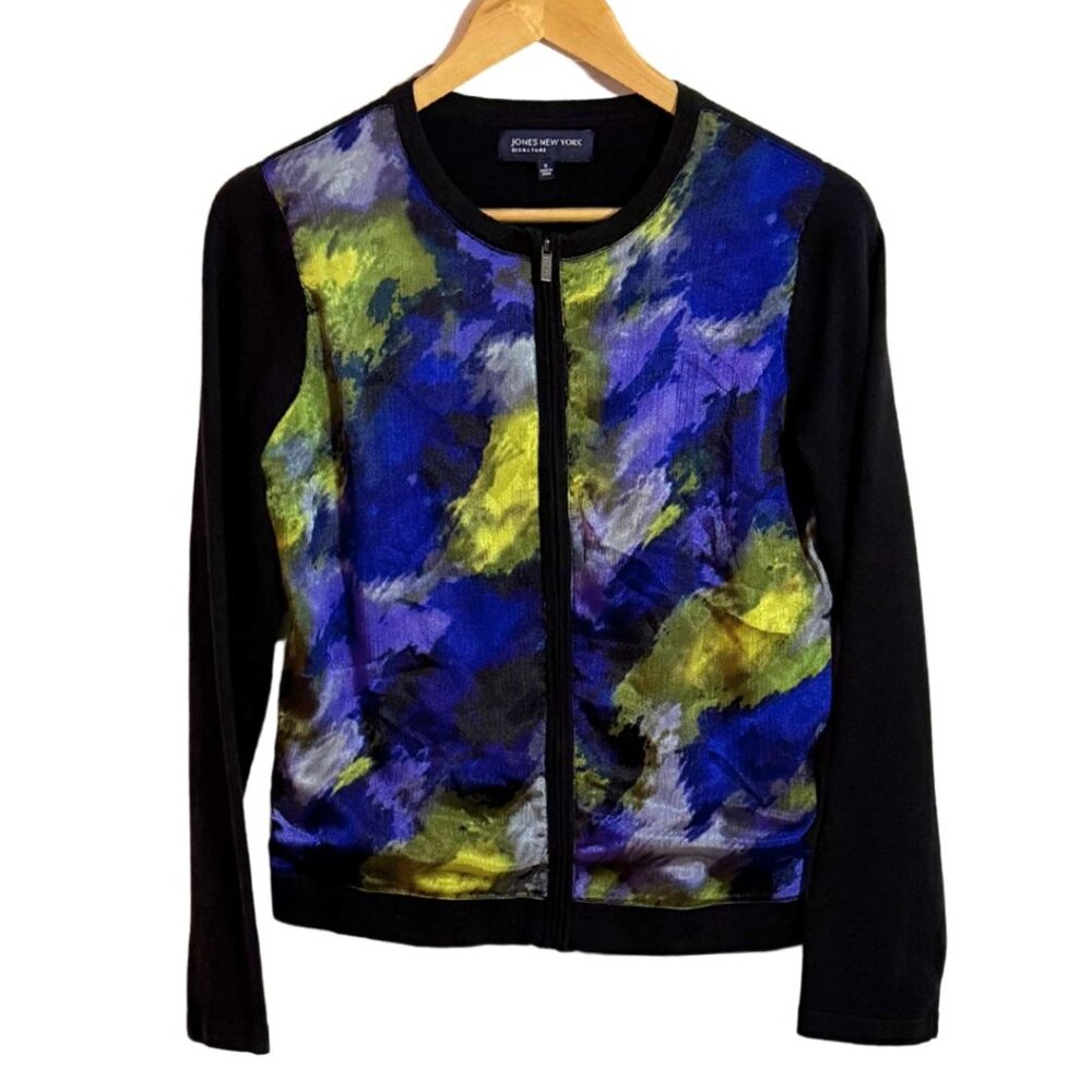 Jones New York Signature Black Watercolor Print Cardigan Zip Up Women's Small